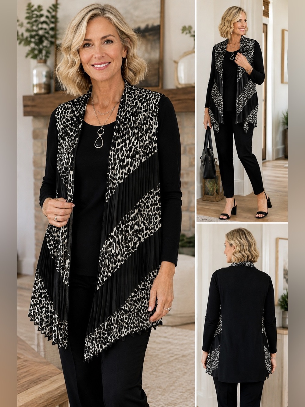 Chico’s 0 Travelers Black White Leopard Scissor Pleated Layer Vest 4 6 stretch S - Picture 1 of 12